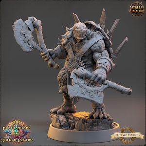 May include: A gray, detailed miniature of a creature with a reptilian head, a muscular body, and a spiked shell. The creature is holding two axes in its hands. The miniature is set on a gray, rocky base.
