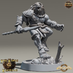 D&D Leonin Barbarian/Fighter | King Gutterung | 3D Printed Resin Miniature | 32mm | By Daybreak Miniatures