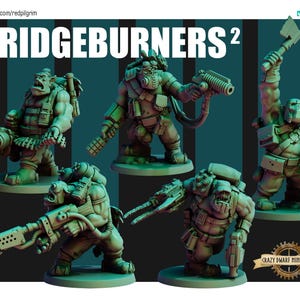 May include: Five green miniature figures of Orc-like characters, each armed with futuristic weapons and gear. The figures are posed dynamically, with the text "BRIDGEBURNERS 2" at the top. The figures are on a dark teal background.