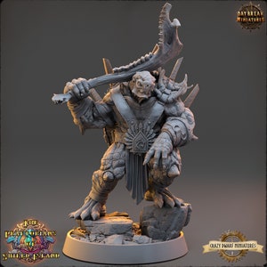 May include: A grey, detailed miniature of a turtle-like creature wielding a bone club. The creature is wearing armor and a skirt. The miniature is standing on a rocky base.