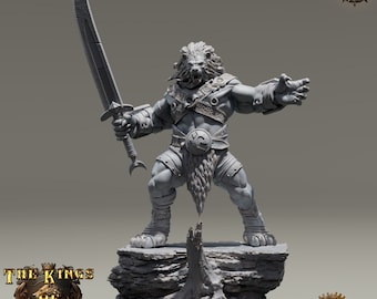 D&D Leonin Barbarian/Fighter | King Deepcut | 3D Printed Resin Miniature | 32mm | By Daybreak Miniatures