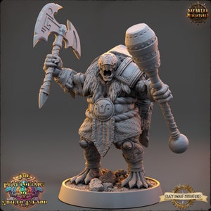 May include: A gray, detailed miniature figurine of a creature with a large axe and a spiked club. The creature has a fierce expression and is wearing armor and a fur cloak. The miniature is set on a round base.