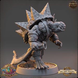 May include: A gray, detailed miniature of a turtle-like creature with a spiked shell and a sword. The creature has a fierce expression and is posed in a walking stance. The miniature is set on a round base.