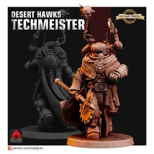 May include: A brown 3D-rendered miniature figure of a Techmeister from the Desert Hawks series. The figure has mechanical details, a skull emblem, and the text "TECHMEISTER". The figure is standing on a round base.