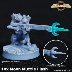 May include: A light blue miniature figure holding a rifle with a glowing blue muzzle flash. The image includes a close-up of the muzzle flash and text that reads "10x Moon Muzzle Flash" and "Crazy Dwarf Miniatures". The miniature is not included.
