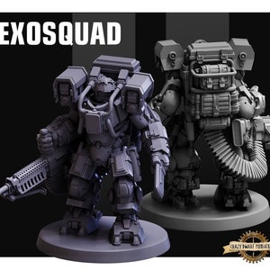 May include: Two gray, detailed, plastic miniature figures of robots with weapons and backpacks. The figures are standing on round bases. The text "EXOSQUAD" is in the upper left corner of the image.