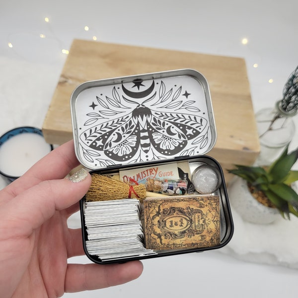 Mini tarot cards, mini grimoire, mini altar, Mini spell kit, psychic spell kit, mini tarot card deck, mini ouija board, mini palmistry cards