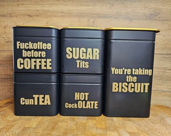 Explicit Tea Coffee Sugar Pots Cannister Set of 3 Novelty Gift Kitchen Storage Funny Vinyl Print Offensive