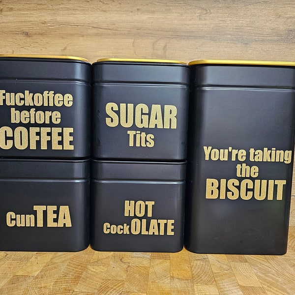 Explicit Tea Coffee Sugar Pots Cannister Set of 3 Novelty Gift Kitchen Storage Funny Vinyl Print Offensive