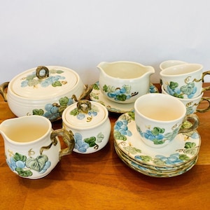 Vintage Poppytrail by Metlox; &quot;Sculptured Grape&quot; Pattern; Tea/Coffee Cups; Saucers; Gravy Boat; Small Casserole Dish; Cream & Sugar