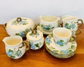 Vintage Poppytrail by Metlox; &quot;Sculptured Grape&quot; Pattern; Tea/Coffee Cups; Saucers; Gravy Boat; Small Casserole Dish; Cream & Sugar