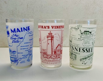 Vintage Frosted Souvenir Glasses - Tennessee; Maine; Martha&#39;s Vineyard Massachusetts; MCM