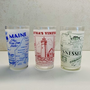 Vintage Frosted Souvenir Glasses - Tennessee; Maine; Martha&#39;s Vineyard Massachusetts; MCM
