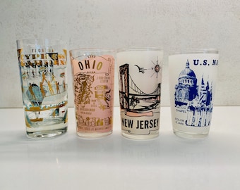 Vintage State Souvenir Glasses, Hazel Atlas, Ohio, New Jersey, Cypress Gardens, Florida, Annapolis Naval Academy