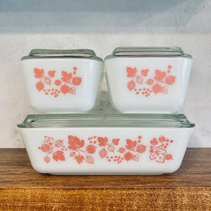 Vintage Pyrex &quot;Pink Gooseberry&quot; Refrigerator Set; Fridgie; 503; 502; 501; Complete Set of 4 with Lids