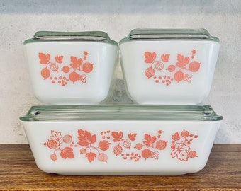 Vintage Pyrex "Pink Gooseberry" Refrigerator Set; Fridgie; 503; 502; 501; Complete Set of 4 with Lids