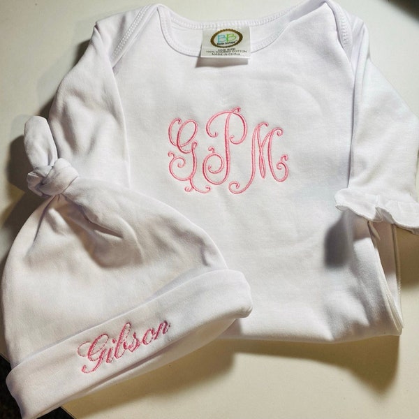 Baby monogrammed clothes/Custom embroidered baby clothing/Baby Gowns/bibs/burp cloths/knotted hats/Personalized baby items