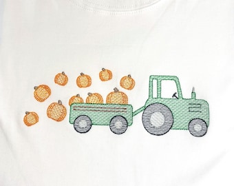 Boys Fall Shirt: Embroidered Tractor with Pumpkins, Personalized