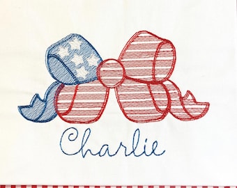 Girls American Flag Shirt: Embroidered Bow, Patriotic Monogram