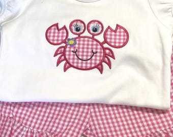 Camisa de cangrejo bordada para niña: aplique de verano personalizado