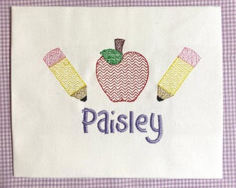 Mädchen T-Shirt, Back to School, mit Monogramm Apfel und Bleistift-Stickerei