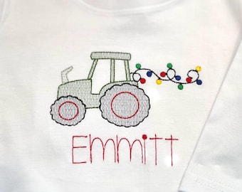 Boys Christmas Tractor Shirt: Embroidered Holiday Lights, Personalized