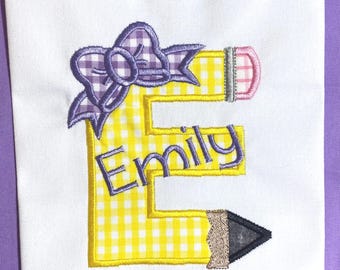 Girls Back to School shirt /Initial with name Monogrammed for girls /School days/ Back to School/pencil name embroidery