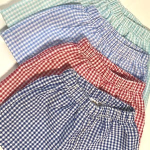 Può includere: Quattro paia di pantaloncini sovrapposti, a quadri vichy, nei toni azzurro, blu, rosso e blu navy. Ogni pantaloncino ha un elastico in vita. I colori sono vivaci e i motivi sono classici.