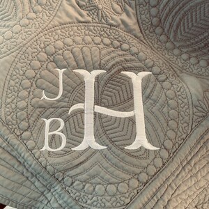 Op de afbeelding: Een grijs gestikt deken met een wit geborduurd monogram "JB" in een schrijfletter.