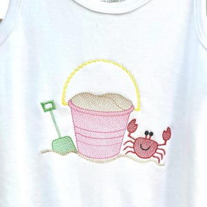 Girls Beach bucket with crab shirt/Embroidered shirt/Summer Monogrammed for girl/beach toys with crab embroidery/beach shirt for girls