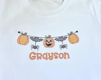 Personalized Boys Halloween Shirt: Embroidered Jackolantern & Spider
