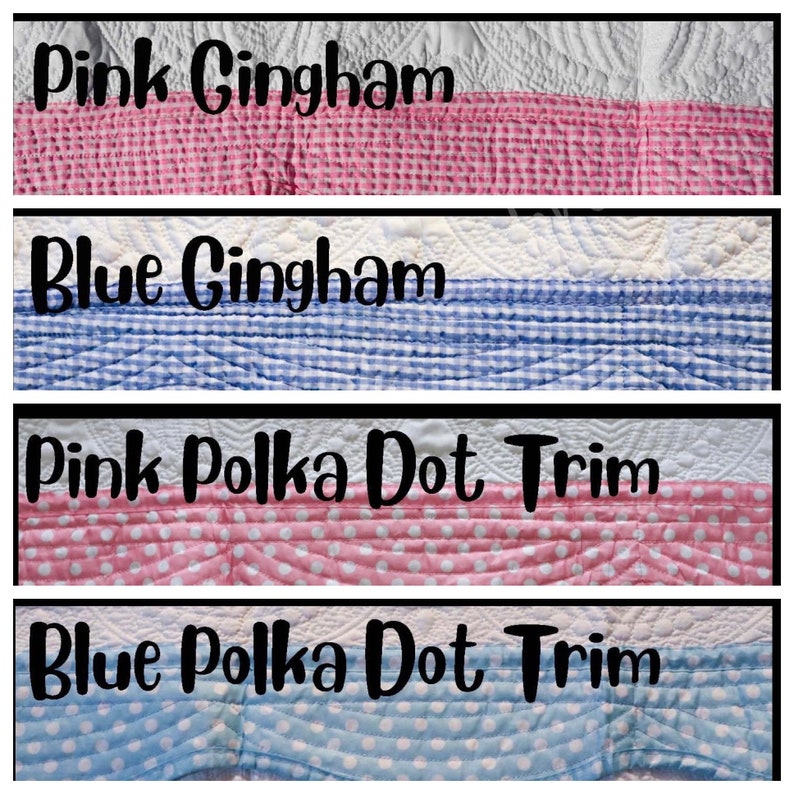 Op de afbeelding: Vier stofstalen die verschillende patronen laten zien: roze gingham, blauwe gingham, roze stippenbies en blauwe stippenbies.