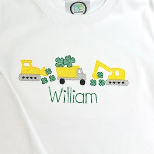 Boy's Embroidered St Patrick's Day Shirt: Construction Vehicle Clover, Personalized