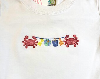 Embroidered Boys Summer Shirt: Crabs & Beach Toys