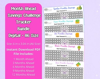 May include: A printable PDF bundle of 5 savings trackers in different colors. Each tracker has a different time frame: 1 month, 3 months, 6 months, 9 months, and 12 months. The trackers are designed to help people save money and reach their financial goals. The trackers are 6 inches by 3.04 inches and are A6 size.