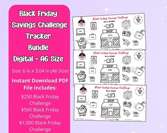 Puede incluir: Paquete de seguimiento de desafío de ahorro del Black Friday - Imprimible digital en tamaño A6 (15,24 cm x 7,72 cm). Incluye tres rastreadores imprimibles para ahorrar 250 €, 500 € y 1 000 €. También incluye un sobre de efectivo a juego.