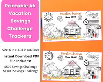 Printable Vacation Savings Challenges A6, 500 dollar Vacation Savings Challenge, 1000 Dollar Vacation Savings Challeng, A6 Savings Tracker