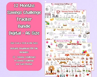 A6 Savings Challenge Tracker Bundle: 12 Month Color & Save (Digital Download)