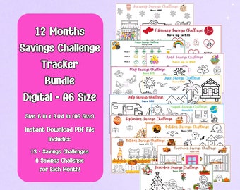 Printable 12 Month Savings Challenge Tracker and Cash Envelope Bundle/ A6 Mini Savings Tracker/ Low Income Savings Challenge/ Color and Save