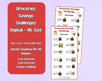 Op de afbeelding: Twee afdrukbare boodschappenbesparings-uitdaging-checklists in A6-formaat (15,24 cm x 21,0 cm). De checklists zijn ontworpen om mensen te helpen € 100 of € 200 te besparen op boodschappen. Elke checklist heeft een reeks vakjes die je kunt afvinken terwijl je geld bespaart op boodschappen. De checklists zijn in digitaal PDF-formaat en kunnen direct worden gedownload.