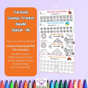 Printable Vacation Savings Challenge Bundle Set, A6 Savings Challenges, Girl&#39;s Trip, Fun BinderTrackers, Mini Savings Challenge, Low Income