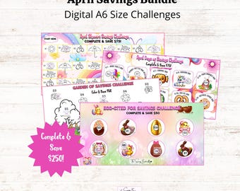 May include: A set of four printable A6 size challenges for saving money. The challenges are themed around spring and feature images of rainbows, flowers, eggs, and bunnies. The text on the challenges includes "April Showers Savings Challenge", "April Days of Savings Challenge", "Garden of Savings Challenge", and "Boo-CITED for Savings Challenge".