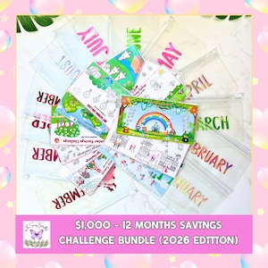May include: A collection of clear plastic pouches labeled with months, surrounding illustrated savings challenge booklets. The text "$1,000 - 12 MONTHS SAVINGS CHALLENGE BUNDLE (2026 EDITION)" is displayed on a pink banner at the bottom.
