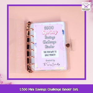 Mini Spring Savings Challenge Binder Set, A7 Size Cash Binder and Cash Envelopes, 500 Dollar Savings Tracker Bundle, Cash Budget Binder