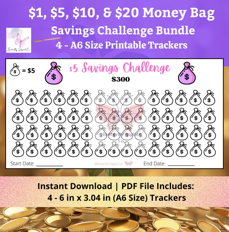 Printable Money Bag Savings Challenge Bundle A6/ 1 Dollar Etsy Australia