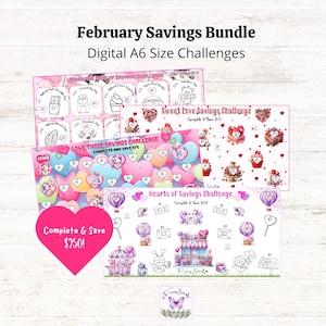 Printable February Savings Challenge Bundle Set, A6 Monthly Tracker Set, Valentine&#39;s Day Savings, Mini Color and Save Low Income Insert