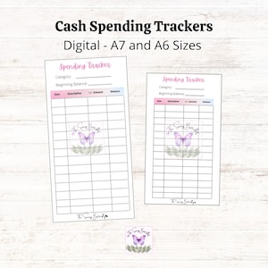 May include: Two printable cash spending tracker sheets in A7 and A6 sizes. Each sheet has a grid with columns for date, description, amount, and balance. The sheets are decorated with a watercolor butterfly design.