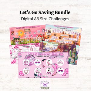 May include: A pink and white printable bundle of five A6 size savings challenges. The challenges are themed around a Western/Rodeo theme and include images of cowboys, horses, cacti, and a disco ball. The text on the challenges reads "Let's Go Saving Bundle", "Swift Farm Savings Challenge", "Wild Wild Savings Challenge", "Rodeo Savings Challenge", "Most Wanted Savings Challenge", and "Let's Go Saving Challenge".