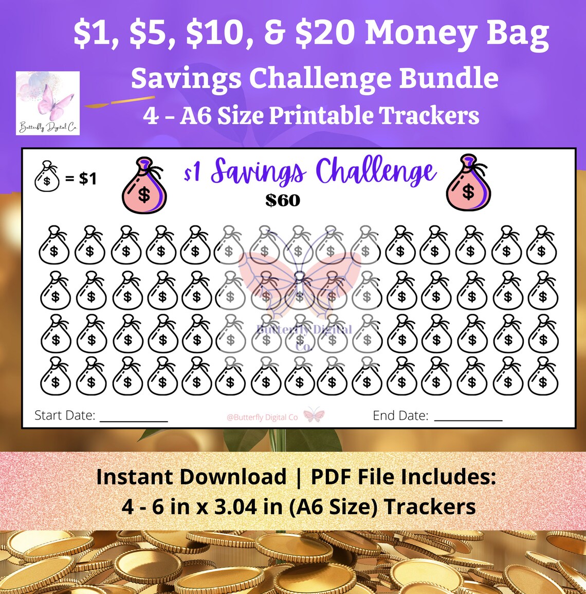 Printable Money Bag Savings Challenge Bundle A6/ 1 Dollar - Etsy