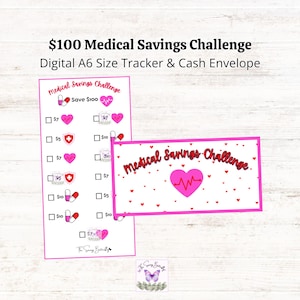 Planilla imprimible de ahorro médico de 100 dólares (A6), inserto para carpeta de efectivo (A6), mini fondo de amortización para gastos médicos, juego de sobres divertidos para efectivo